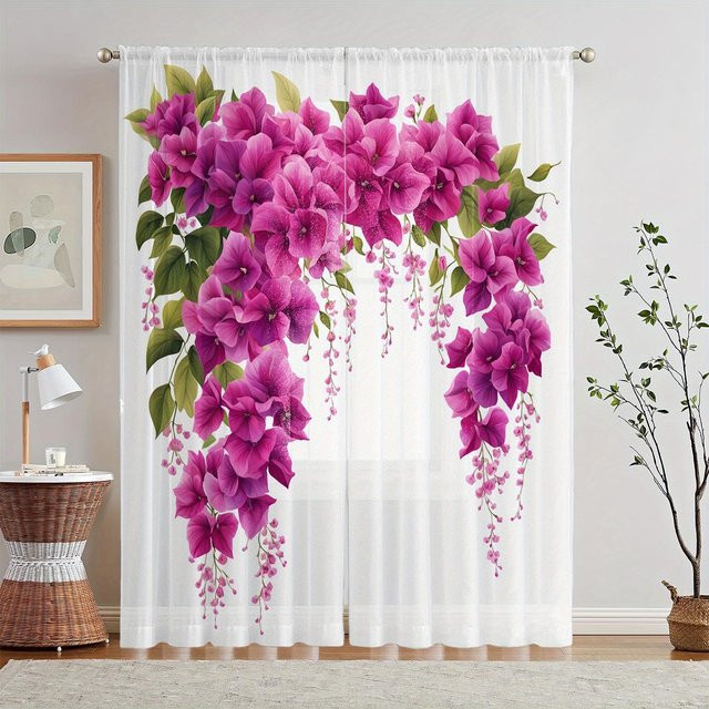 Yiran Furniture Vorhänge mit Pfingstrosen-Blumenmuster aus Polyester, 2er-Set, Lila und Pink, halbtransparent, B: 35 cm, H: 100 cm - Bild 1