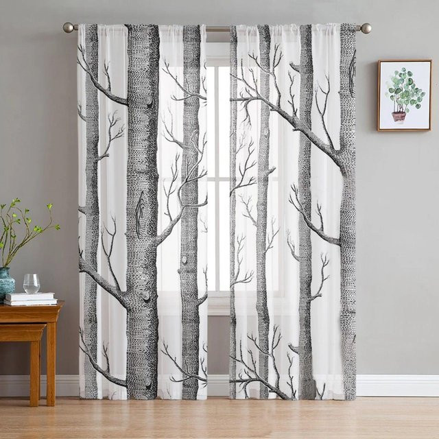 A Family Of Home Textiles Transparenter Voile-Vorhang mit Ast-Motiv in Grau und Weiß, B: 135 cm, H: 114 cm - Bild 1