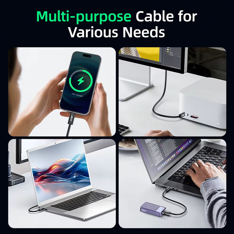 JEYI Thunderbolt 5 Kabel mit 80 Gbit/s bis 120 Gbit/s Bandbreite für 16K/8K-Video und 240 W PD-Schnellladung in Schwarz mit geflochtenem Nylon - Bild 4