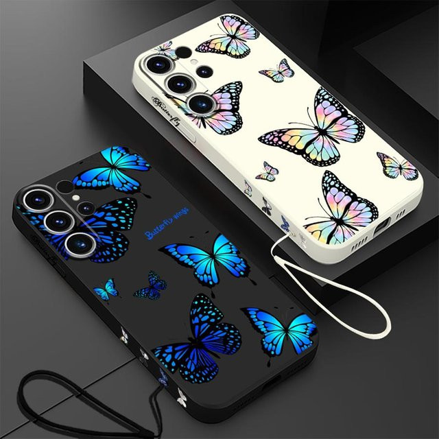 Samsung Galaxy Smartphone Schutzhülle mit Blue Butterfly Design und Lanyard aus Silikon in Blau und Multicolour - Bild 1