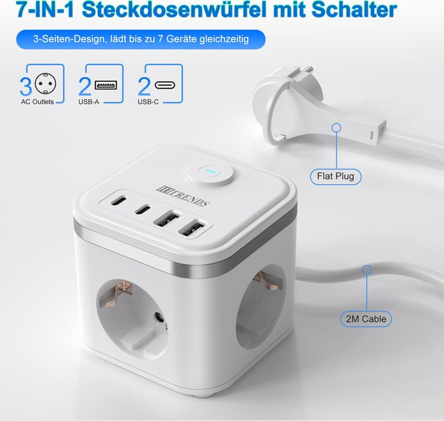HITRENDS 7-in-1 Multifunktions-Stromversorgungsplatine mit 2 Meter Verlängerungskabel, 3 AC-Steckdosen, 2 USB-C und 2 USB-A Anschlüssen in Weiß - Bild 1