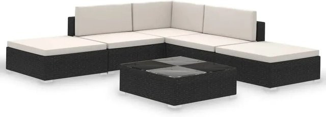 vidaXL 6-teiliges Garten-Lounge-Set aus Poly-Rattan in Schwarz mit cremeweißen Auflagen und L-Form - Bild 1