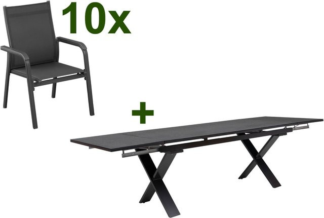 Kettler BasicPlus Garten-Essgruppe in Anthrazit mit ausziehbarem Tisch und 10 Stapelsesseln aus Aluminium, Spraystone und Textil, Tisch B: 180-280 cm, T: 100 cm - Bild 1