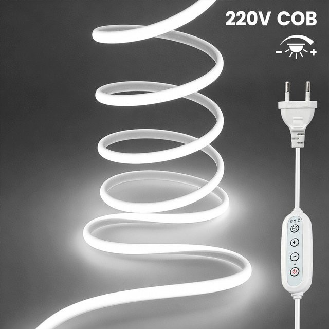 HEGEHE COB Neon LED Streifen mit Timer und Dimmfunktion, Weiß, 288 LEDs/m, Wasserdicht, AC 220V mit EU Stecker - Bild 1