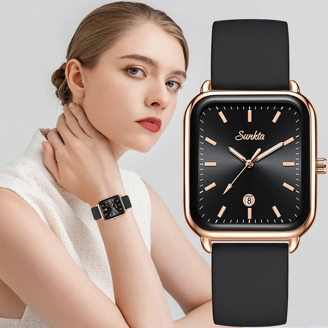 Sunkta Armbanduhr, Quarz, eckig, Silikonarmband, Schwarz, Roségold, Unisex - Bild 1