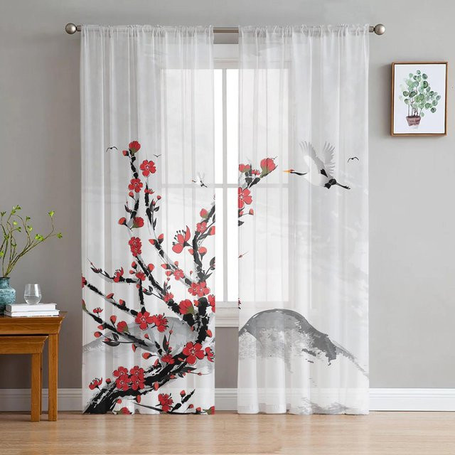 Yiran Furniture Transparentes Voile-Vorhang im chinesischen Stil mit Pflaumenblüten und Vögeln, Weiß, B: 135 cm, H: 115 cm - Bild 1