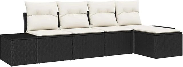 vidaXL Garten-Sofa-Set aus Poly-Rattan in L-Form mit 5 Teilen, Schwarz und Beige, inklusive Kissen und Ottoman - Bild 1