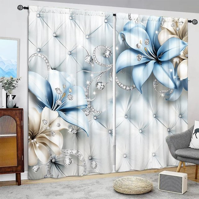 2er-Set 3D-Vorhang mit floralem Blumenprint von Household supplies MH, halbtransparent, Mehrfarbig, B: 52,5 cm, H: 116 cm - Bild 1