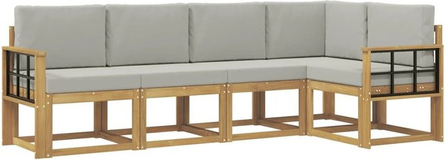 vidaXL Outdoor-Sofagarnitur in L-Form aus Akazienholz mit Kissen, 5-teilig, Weiß-hellgrau - Bild 1