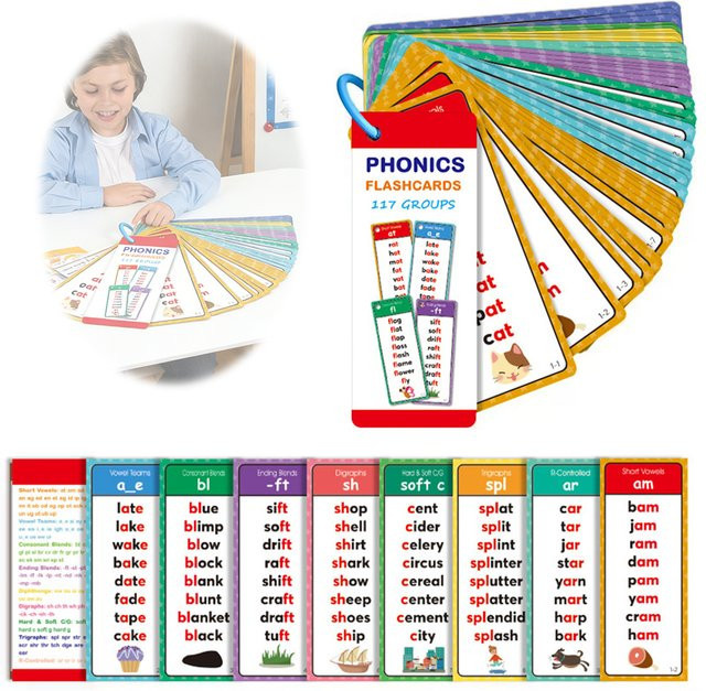 60 Stück Phonics-Wortlistenkarten Set mit 117 Aussprache-Gruppen und über 900 Reimwörtern für das frühe Lernen in Mehrfarbig - Bild 1