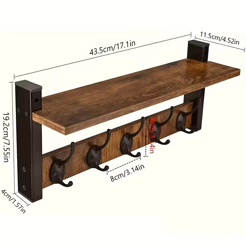 QUHE Schwebendes Wandregal mit 5 Haken in Industrial Design, Holz braun matt - Bild 3