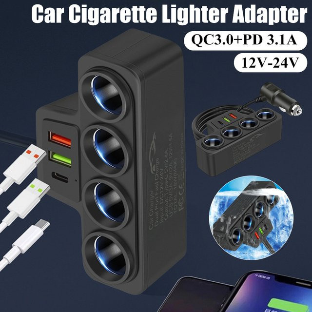 APWIKOGER Auto-Zigarettenanzünder-Steckdosenverteiler mit 3 USB-Anschlüssen QC3.0 und PD 3.1A Schnellladegerät, 4-fach Steckdose 18W Stromadapter, Schwarz - Bild 1
