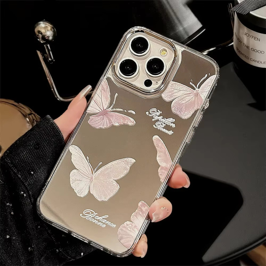 Potdemiel Handyhülle mit Schmetterlings-Design und Spiegel für iPhone 16 15 14 13 12 11 Pro Max, Rosa mit Armband und stoßfester Hartschale - Bild 4