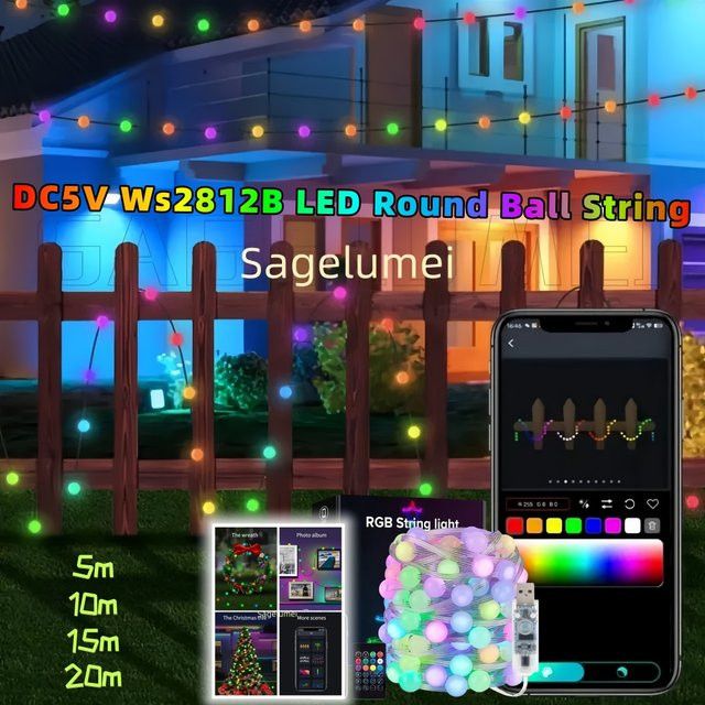 SAGE LU MEI RGBIC LED Kugel-Lichterkette mit Bluetooth, App-Steuerung und Musik-Controller, wasserdicht für Outdoor, Camping und Gartendekoration - Bild 1