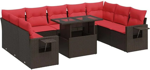 vidaXL 10-teilige Garten-Sofagarnitur aus Poly-Rattan in Braun mit Kissen aus Polyester und Gestell aus pulverbeschichtetem Stahl - Bild 1