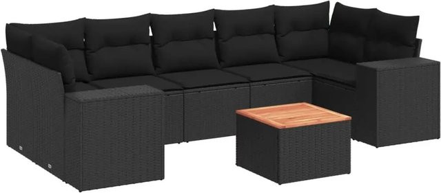 vidaXL 8-tlg Garten-Sofagarnitur in L-Form aus Polyrattan und Akazienholz mit Kissen, Schwarz - Bild 1