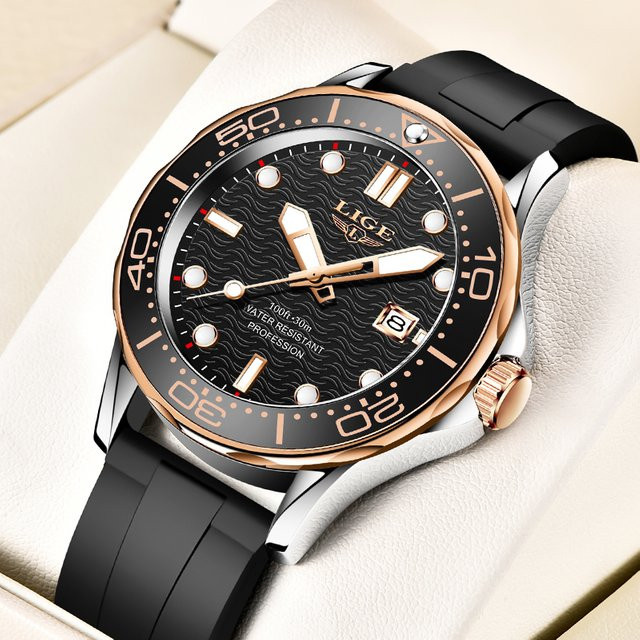 LIGE Armbanduhr, Taucheruhr, Edelstahl, Schwarz, Silber, Herren, Datum - Bild 1