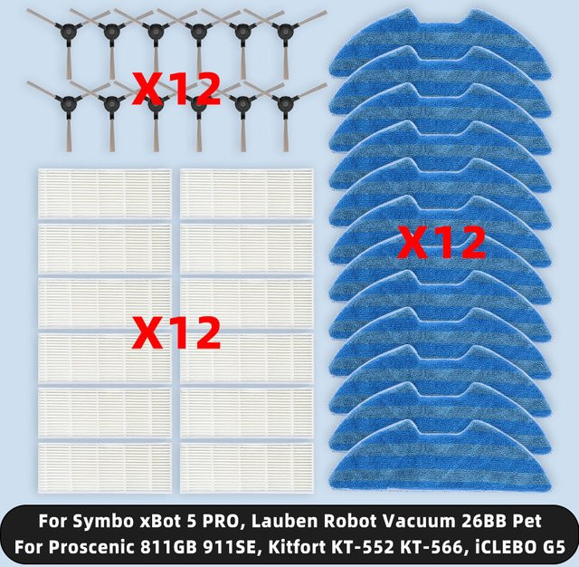 OSSIEAO Ersatzteile Zubehör Set mit Seitenbürsten, Mopptüchern und Filtern kompatibel für Proscenic 811GB 911SE, Kitfort KT-552 KT-566, iCLEBO G5, Symbo xBot 5 PRO und Lauben Robot Vacuum 26BB Pet - Bild 1
