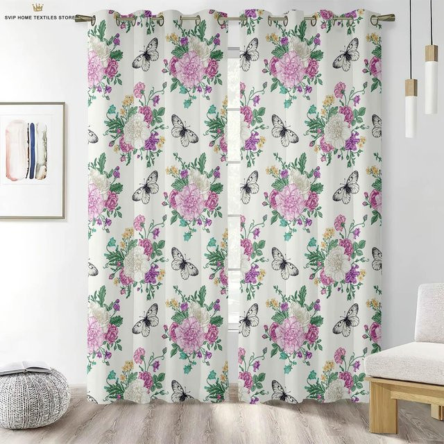 Blumenbedruckte Gardinenpaneele im floralen Shabby-Chic-Stil, 2er-Set, halbtransparent, B: 50 cm, H: 130 cm - Bild 1