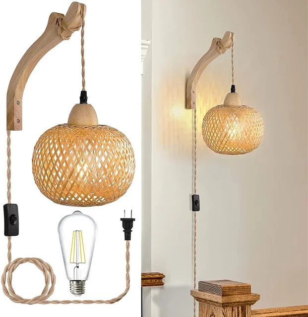L-MANG Wandleuchte aus Bambus und Rattan in Beige, Handgewebte Laternen-Wandlampe mit E27 Fassung im Rustikalen Stil - Bild 1