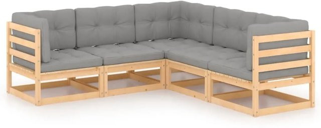 vidaXL 5-tlg Garten-Lounge-Set aus massivem Kiefernholz in L-Form mit grauen Polstern und Kissen - Bild 1
