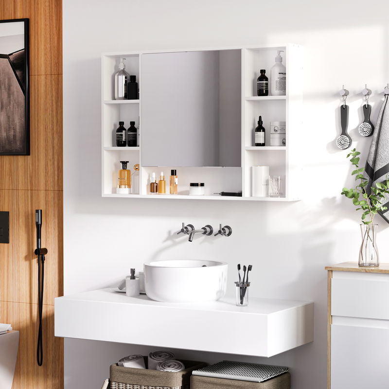 Aosom Badezimmer Spiegelschrank in Weiß mit 7 Ablagen aus MDF und Glas, B/H/T: 100 x 70 x 15 cm - Bild 2