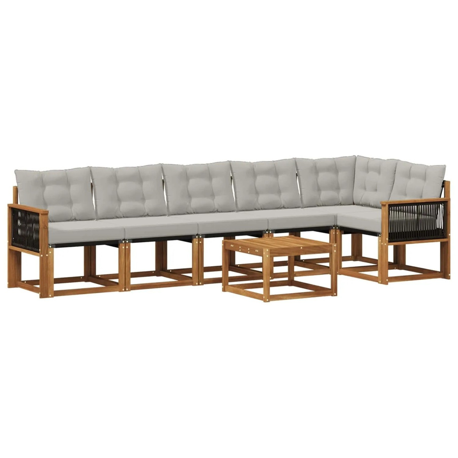 vidaXL Outdoor-Sofagarnitur L-Form aus Akazienholz und Textilene in Natur und Hellgrau mit 7 Kissen und Armlehnen - Bild 2