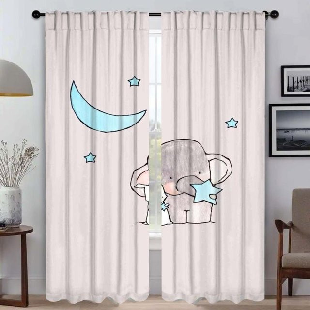 2er-Set Küchenvorhänge mit Elefant-Cartoon-Motiv in Weiß, halbtransparent, B: 50 cm, H: 70 cm - Bild 1