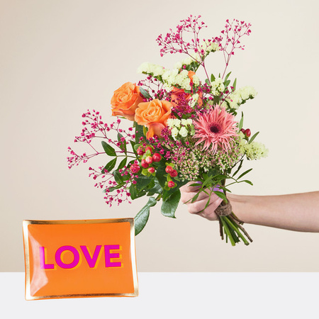 BLUME2000 Valentina Bouquet Rosen Gerbera multicolor mit Glasplatte