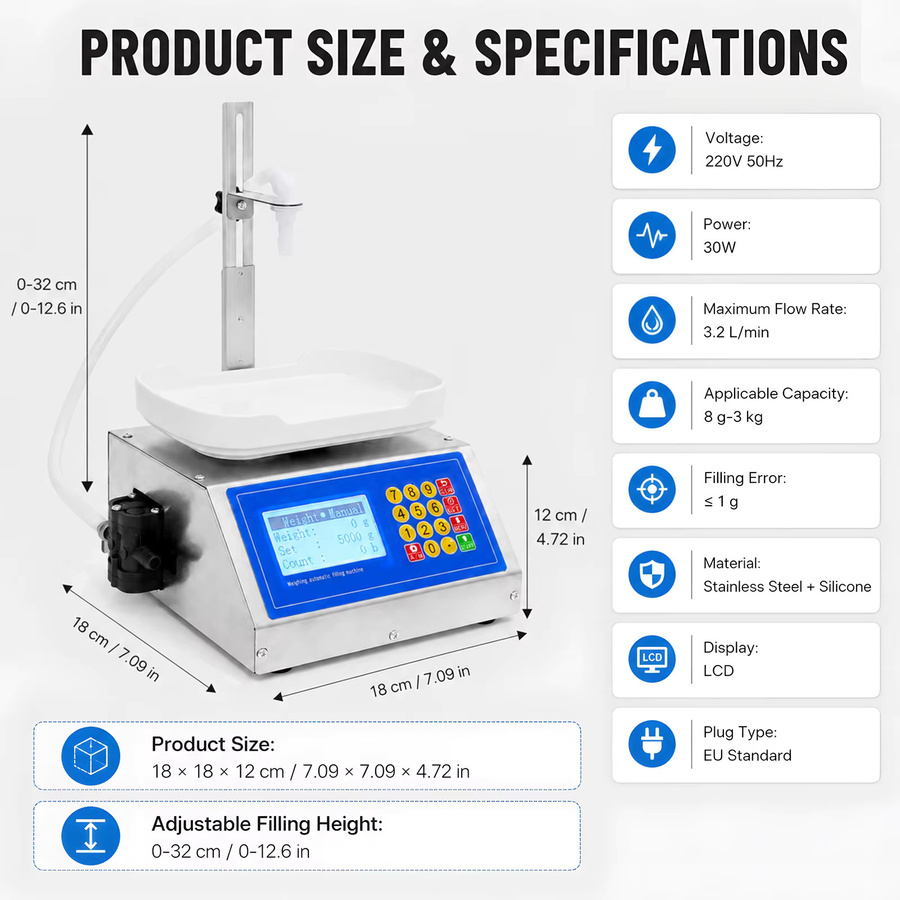 Podofo Automatische Flüssigkeitsabfüllmaschine mit 30W Membranpumpe und LCD-Digitalanzeige aus Edelstahl für Wasser, Olivenöl, Wein und Saft - Bild 2