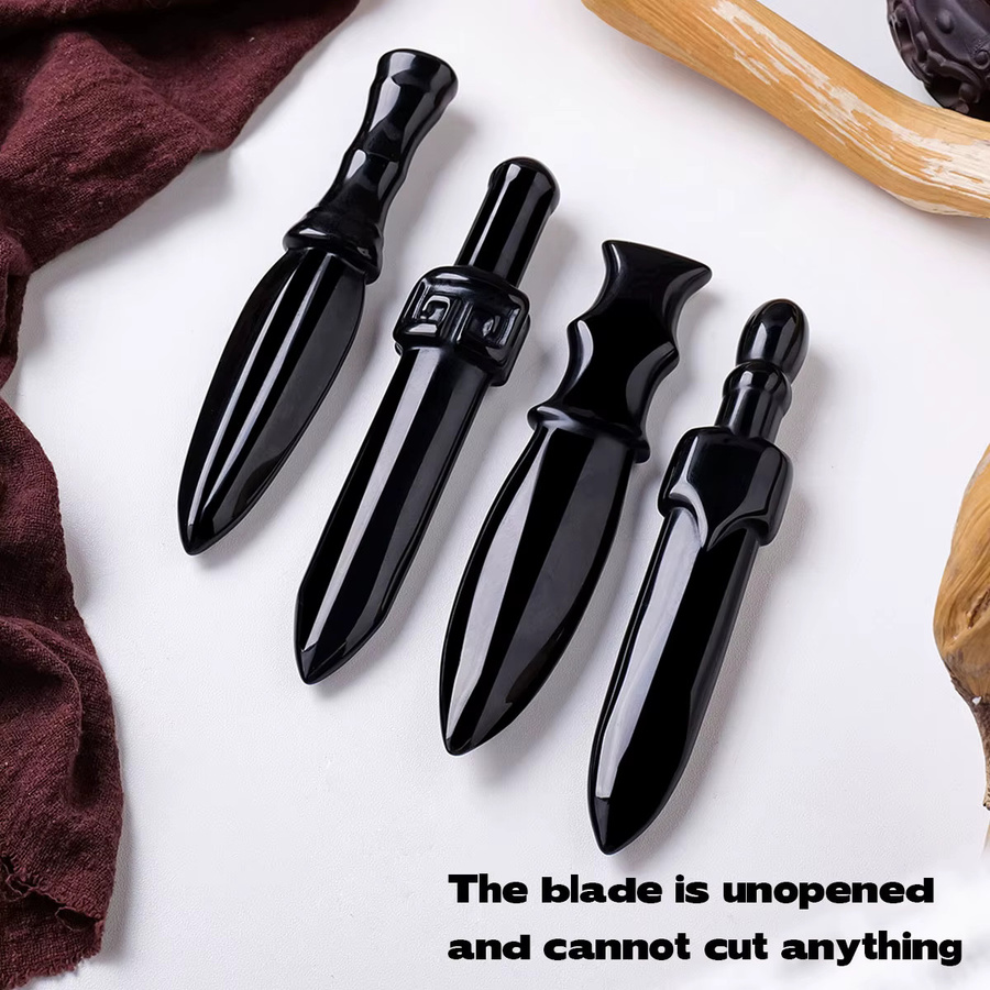 Runyangshi Ritualmesser aus schwarzem Obsidian als dekorativer Kristall-Dolch für okkulte Zwecke und Wohnkultur - Bild 3