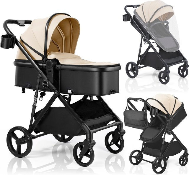 2-in-1 Baby-Kinderwagen in Beige als faltbares Reisesystem mit umkehrbarem Sitz und verstellbarem Sonnendach für Neugeborene und Kleinkinder von 0-36 Monaten - Bild 1