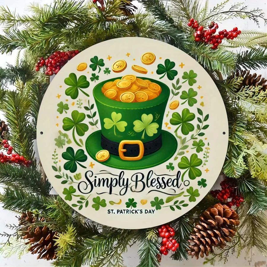 Simply Blessed Garden Art Wanddekoration aus Metall für St. Patrick's Day, rundes Eisen-Schild mit Koboldhut und Kleeblatt, Grün, Durchmesser: 20,32 cm - Bild 4