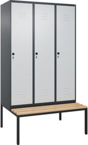C+P Spind Classic PLUS Sitzbank mit 3 Abteilen, B/T/H: 212 x 120 x 81,5 cm, Anthrazit/Grau mit Buche-Hartholz-Sitzfläche und 4 Garderobenhaken - Bild 1