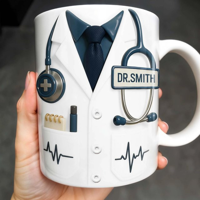 Personalisierte Kaffeetasse mit 3D-Stethoskop und Herzschlagmuster von Light Magic in Weiß aus Keramik - Bild 1