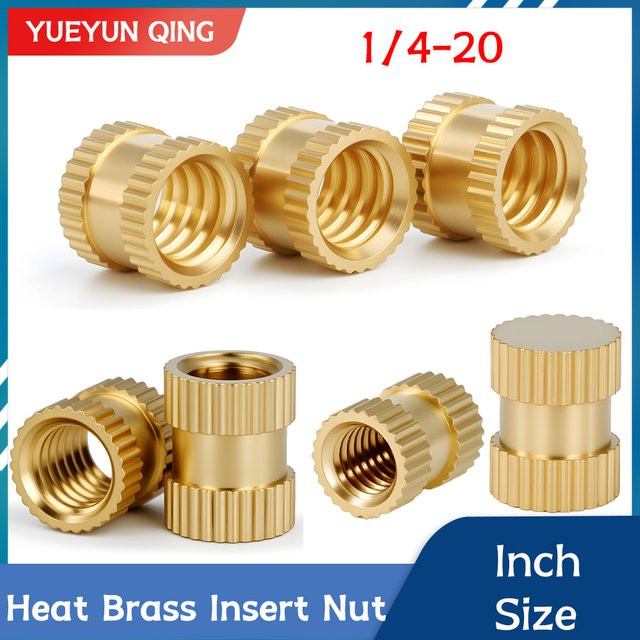 YUEYUN QING Messing-Einsatzmuttern 1/4-20 Zoll, gerade gerändelt, Farbe Gold, für Heißschmelzformung, Spritzguss und 3D-Drucker DIY-Einsätze - Bild 1
