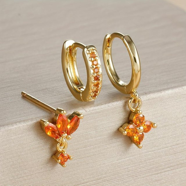3er-Set Creolen Edelstahl, Zirkonia, Damen, Orange Rot - Bild 1