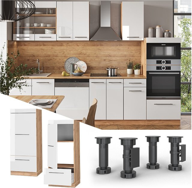Vicco Mikrowellenschrank Fame-Line Küchenschrank in Weiß Hochglanz und Eiche mit Softclose-Scharnieren, Breite: 60 cm, Höhe: 153,6 cm, Tiefe: 55,03 cm - Bild 1