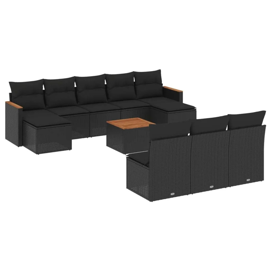 vidaXL 11-tlg Garten-Sofagarnitur in U-Form aus schwarzem Poly-Rattan mit Kissen und Akazienholz - Bild 2