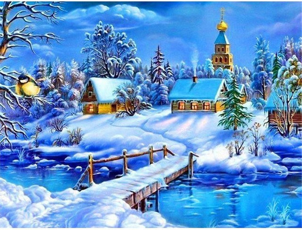 DIY 5D Diamantmalerei Winter Haus Landschaft Kit mit Mosaik-Strasssteinen, Mehrfarbig, B: 50 cm, H: 40 cm