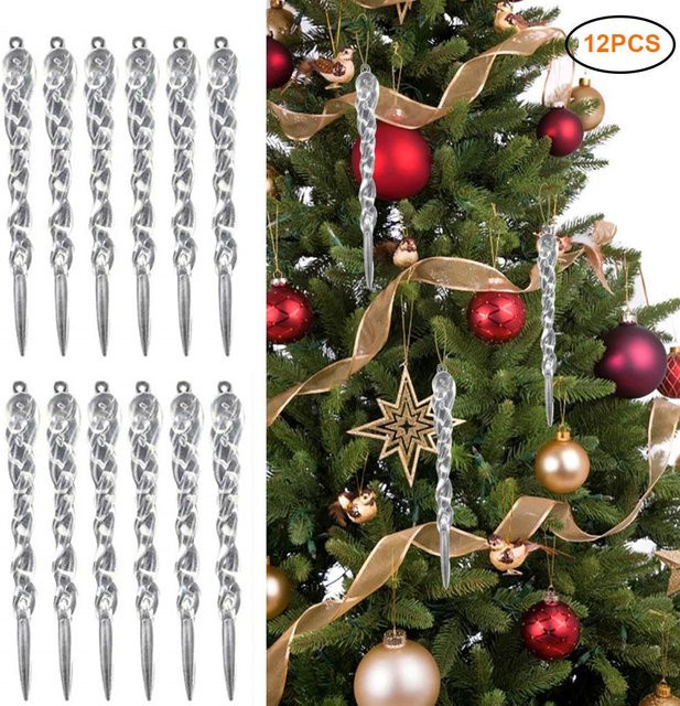 12 Stück TOMTOP JMS Weihnachts-Eiszapfen als Hängeornament für den Weihnachtsbaum, grau und transparent, Höhe: 13 cm - Bild 1