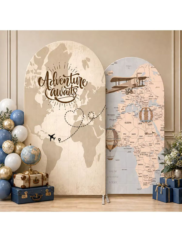 Vintage Abenteuer-Bogen-Hintergrundbezug mit Weltkarte und Flugzeug-Motiv in Beige, B/H: 120 x 50 cm - Bild 3