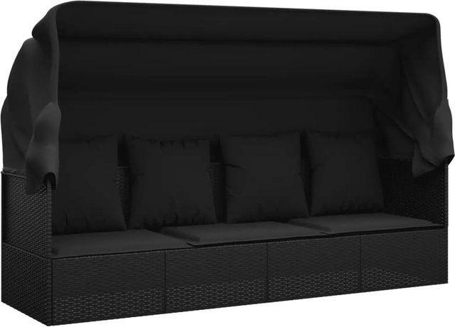 vidaXL Outdoor-Loungebett aus Poly Rattan mit Sonnendach und Kissen in Schwarz, B/T/H: 203 x 127 x 58 cm - Bild 1