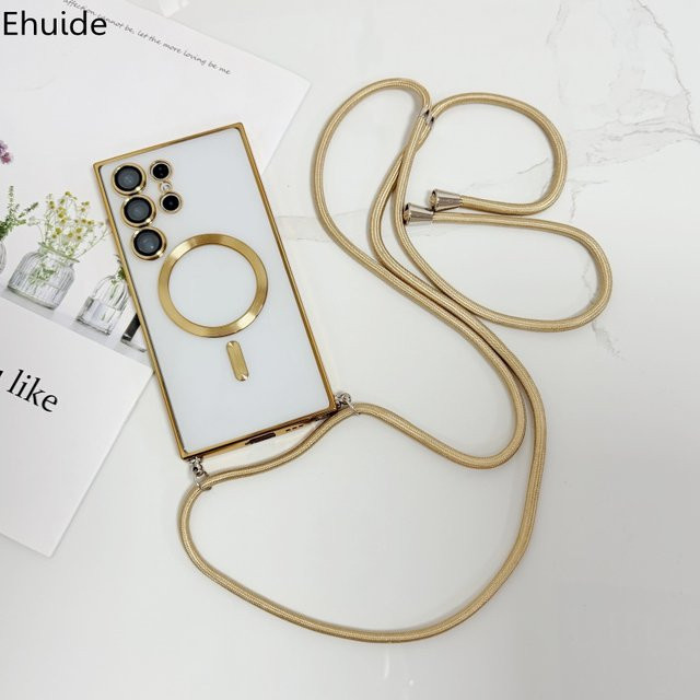 Magnetische Schutzhülle für Samsung Galaxy S26 Ultra S25 FE S24 S23 S22 S21 Plus mit Crossbody-Lanyard und Trageriemen, Transparent mit Gold-Akzenten - Bild 1