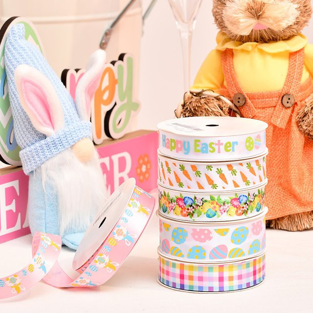 YAMA Osterband mit Kaninchen und Karotten für Geschenkverpackungen und Bastelarbeiten, 10 Yards, Mehrfarbig - Bild 1