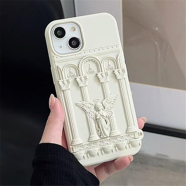 Binchi Health Electronics Retro-Kunstwerk 3D-Engelsstatue Handyhülle aus weichem Silikon für iPhone 16 15 14 13 12 Pro Max Plus, Farbe: Weiß - Bild 1