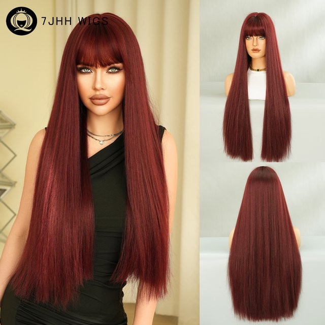 7JHH WIGS Perücke, lange, gerade, rot, Damen, synthetisch, mit Pony - Bild 1