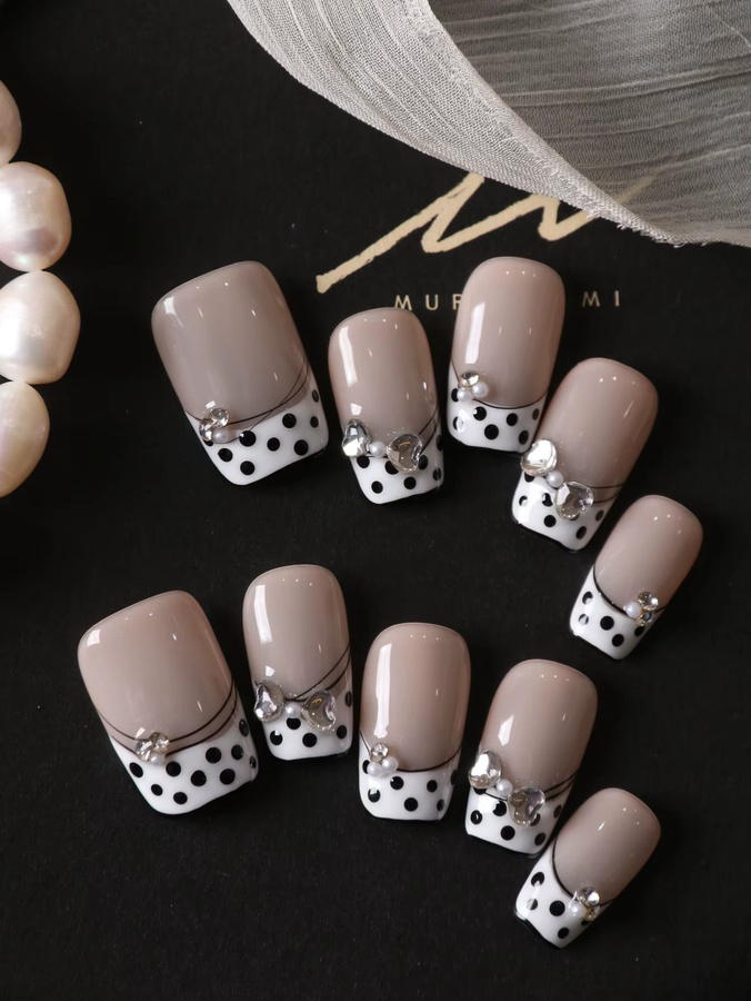 XEERCOOU Aufklebenägel, Kurz, Weiß, Französische Nägel mit Polka Dots, Glänzend - Bild 2