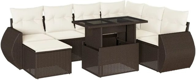 vidaXL 8-teilige Garten-Sofagarnitur in L-Form aus braunem Poly-Rattan mit cremeweißen Kissen und pulverbeschichtetem Stahlgestell - Bild 1