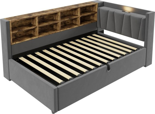 Merax Schlafsofa aus Samt mit USB-C Ladestation und Bettablage, Dunkelgrau, B/T/H: 90 x 200 cm - Bild 1